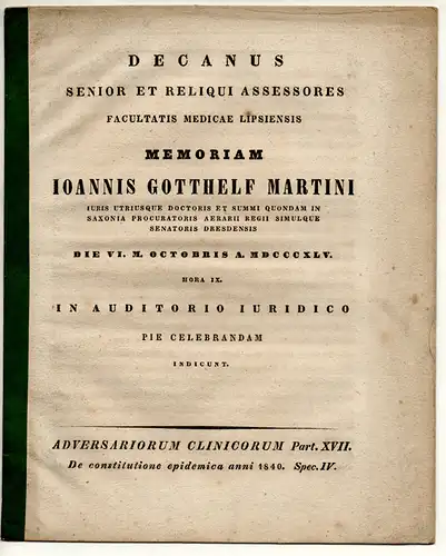 Clarus, Johann Christian August: De constitutione epidemica anni 1840. Spec. IV. Adversariorum clinicorum Part. XVII. 