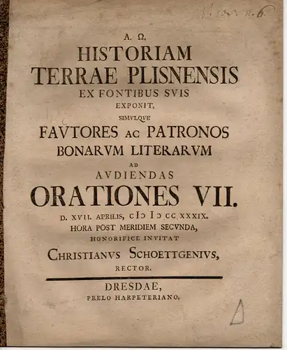 Schöttgen, Christian: Historiam Terrae Plisnensis Ex Fontibus svis Exponit. (Über die Geschichte des Pleißenlandes anhand seiner Quellen). 