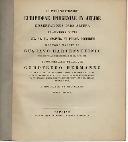 Hermann, Gottfried: De interpolationibus Euripideae Iphigeniae in Aulide. 