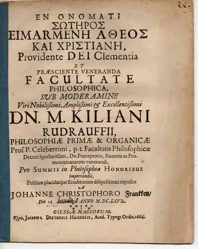 Francken, Johannes Christopher: Philosophisch-Theosophische Dissertation. De Fato. 