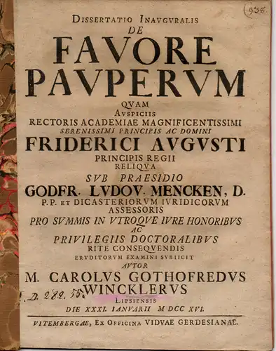 Winkler, Karl Gottfried: aus Leipzig: Juristische Dissertation. De Favore Pauperum. (Über die Begünstigung der Armen). 