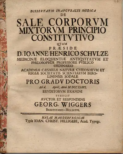 Wiggers, Georg: aus Bredtstadt-Holstein: Medizinische Inaugural-Dissertation. De sale corporum mixtorum principio constitutivo. 