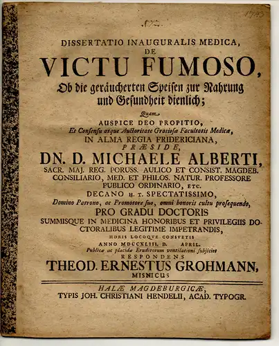 Grohmann, Theodor Ernst: De victu fumoso. (Ob geräucherte Speisen zur Nahrung der Gesundheit dienen).  Medizinische Inaugural-Dissertation. 