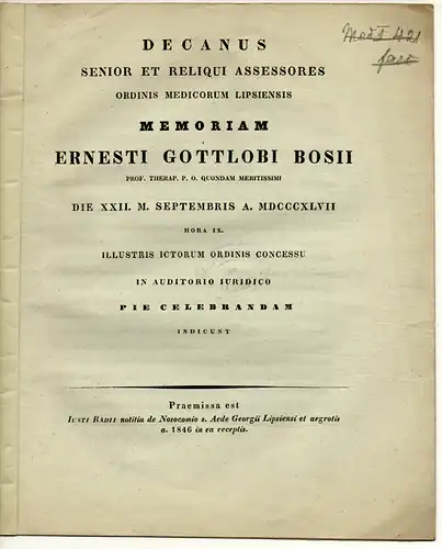 Radius, Justius: Notitia de Nosocomio s. Aede Georgii Lipsiensi et aegrotis a. 1846 in ea receptis. Universitätsschrift Leipzig zu Ehren von Ernst Gottlob Bose. 