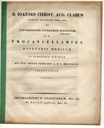 Clarus, Johann Christian August: De Narcosi typhosa. Spec. II. Adversariorum clinicorum Part. IX. 