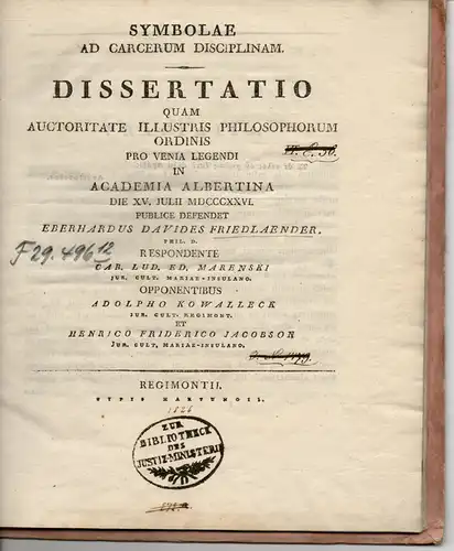 Friedländer, Eberhard D.; Marenski, Carl L. E: Symbolae ad carcerum disciplinam. Habilitation. 