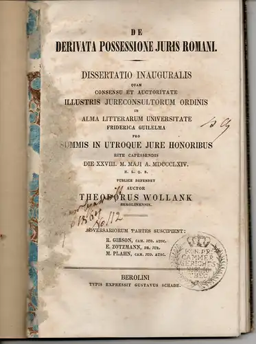 Wollank, Theodor: aus Berlin: De derivata possessione iuris Romani. Dissertation. 