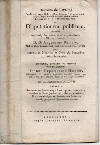 Heisler, Johann Nepomuk: Rariorem atque memoratu dignissimam aneurysmatis aortae sternum perforantis historia exhibens. Medizinische Dissertation. 