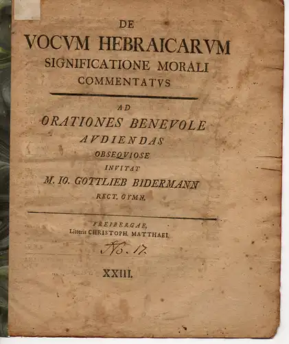 Biedermann, Johann Gottlieb: De vocum Hebraicarum significatione morali. 