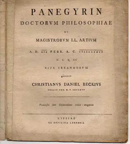 Beck, Christian Daniel: Observationes critico exegiticae. Panegyris doctorum philosophiae et magistrorum LL. Artium. 
