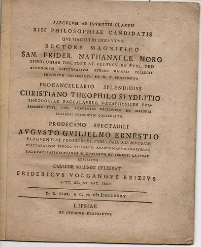 Reiz, Friedrich Wolfgang: Saeculum ab inventis clarum XIII philosophiae candidatis. Universitätsschrift. 
