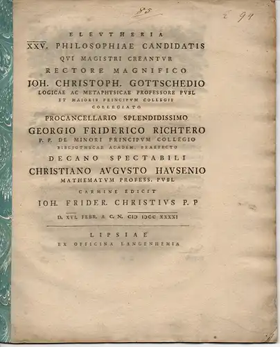 Christ, Johann Friedrich: Eleutheria XXV. Philosophiae Candidatis Qui Magistri Creantur. Universitätsschrift. 