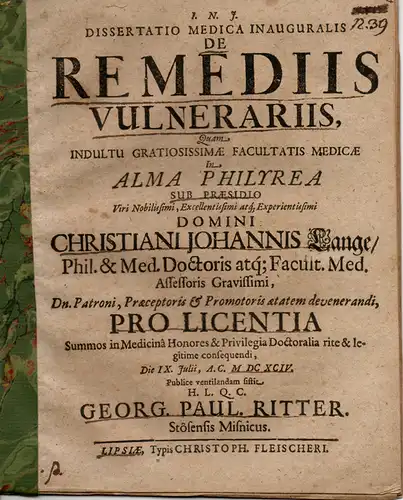 Ritter, Georg Paul: Medizinische Inaugural-Dissertation. De Remediis vulnerariis (Über schädliche Medikamente). 