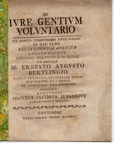 Jensen, Johann Jacob: aus Oldenburg/Holstein: Philosophische Disputation. De iure gentium voluntario. 