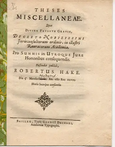 Hake, Robert: Juristische Disputation. Theses miscellaneae. 