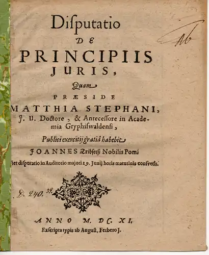 Tribseeß, Joannes: Juristische Disputation. De principiis juris. 