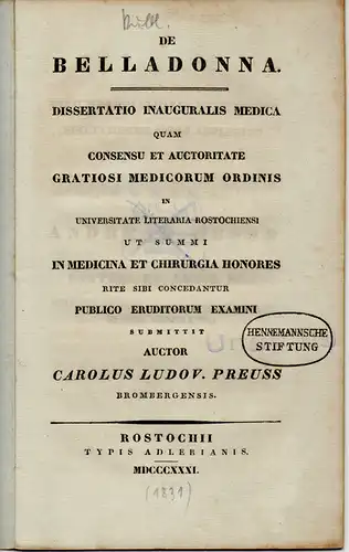 Preuss, Carl Ludwig: aus Bromberg: Medizinische Inaugural-Dissertation. De belladonna (Tollkirsche). 