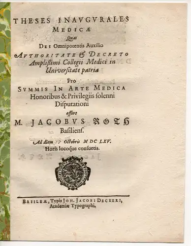 Roth, Jacob: aus Basel: Theses inaugurales medicae. 