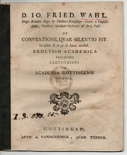 Wahl, Johann Friedrich: De conventione, quae silentio fit. Hochschulschrift. 