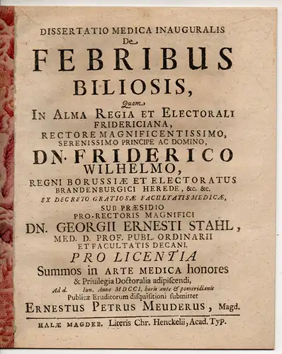 Meuder, Ernst Peter: aus Magdeburg: Medizinische Inaugural-Dissertation. De Febribus Biliosis (Über das gallige Fieber). 