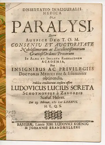 Screta Schotnovius à Zavorziz, Ludwig Lutz: De Paralysi. (Über Lähmungen). Medizinische Inaugural-Dissertation. 