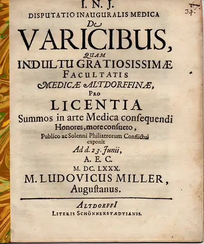 Miller, Ludwig: Medizinische Disputation. De varicibus (Über Krampfadern). 