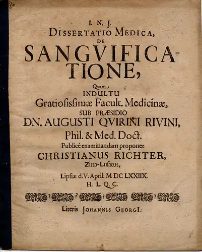 Richter, Christian: aus Zittau: Medizinische Inaugural-Dissertation. De Sanguificatione (Über Blutentstehung). 