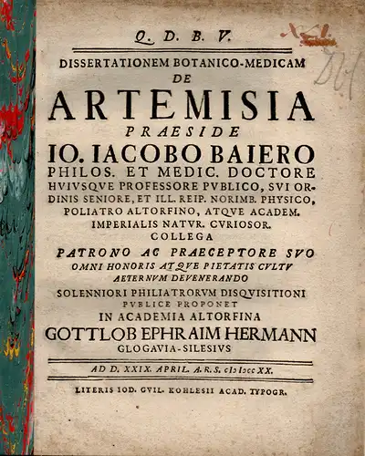 Hermann, Gottlob Ephraim: aus Glogau: Botanisch-Medizinische Dissertation. De Artemisia. 