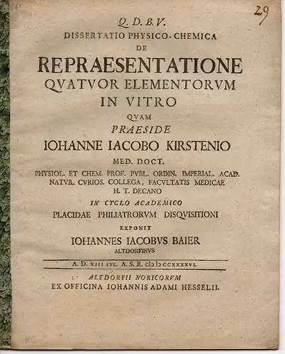 Baier, Johannes Jacobus: aus Altdorf: Physikalisch-chemische Dissertation. De repraesentatione quatuor elementorum in vitro. 