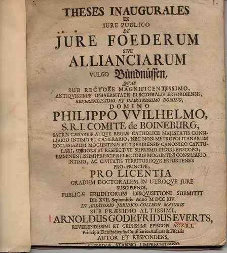 Everts, Arnold Gottfried: aus Eichstätt: Theses inaugurales ex iure publico de iure foederum sive allianciarum, vulgo Bündnüssen. 