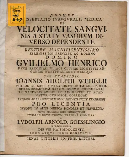 Gössling, Ludolph Arnold: aus Hildesheim: Medizinische Inaugural-Dissertation. De velocitate sanguinis a statu vasorum diverso dependente. 