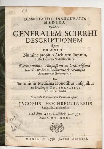 Hochreutiner, Jacob: aus St. Gallen: Medizinische Inaugural-Dissertation. Generalis Scirrhi Descriptio. 