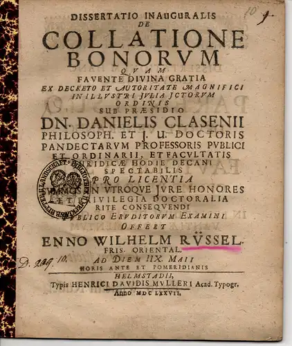 Rüssel, Enno Wilhelm: aus Ostfriesland: De Collatione Bonorum. Juristische Inaugural-Dissertation. 