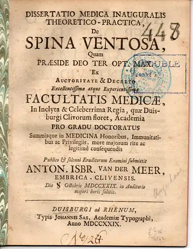 Meer, Antonius Isbrand van der: aus Emmerich: Medizinische Inaugural-Dissertation. De Spina Ventosa. 