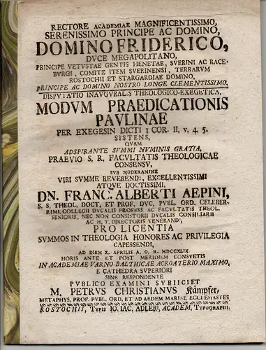 Kämpfer, Peter Christian: Theologische Inaugural-Disputation. Modus praedicationis Paulinae per Exegesin dicti I Cor. II v. 4. 5. 