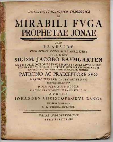 Lange, Johann Christoph: Halberstadt: Dissertatio Historico Theologica De Mirabili Fuga Prophetae Jonae. 