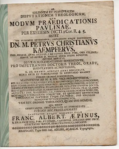 Aepinus, Franz Albert: Modum praedicationis Paulinae per exegesin dicti I Cor. II. v. 4. 5. Promotionsankündigung von Peter Christian Kämpfer. 