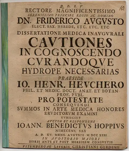 Hoppius (Hopp), Johann Benedikt: Medizinische Inaugural-Dissertation. Cautiones In Cognoscendo Curandoque Hydrope Necessarias. 