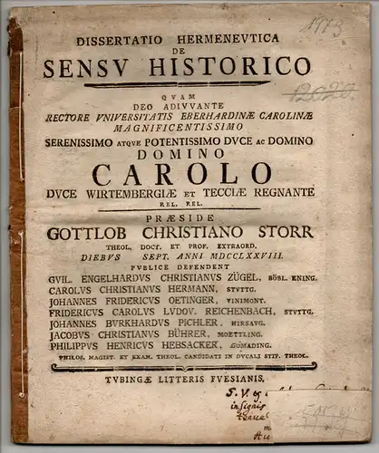 Storr, Gottlob Christian (Präses): Dissertatio Hermeneutica De Sensu Historico. 