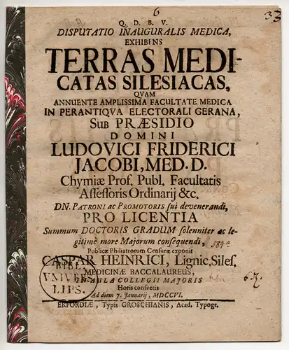 Heinrici, Caspar: aus Liegnitz: Medizinische Inaugural-Disputation. Terras Medicatas Silesiacas. 