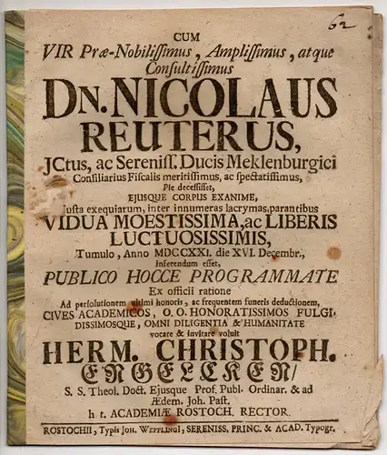 Engelcken (Engelcke), Hermann Christoph: Trauerschrift zum Tod von Nikolaus Reuter. 