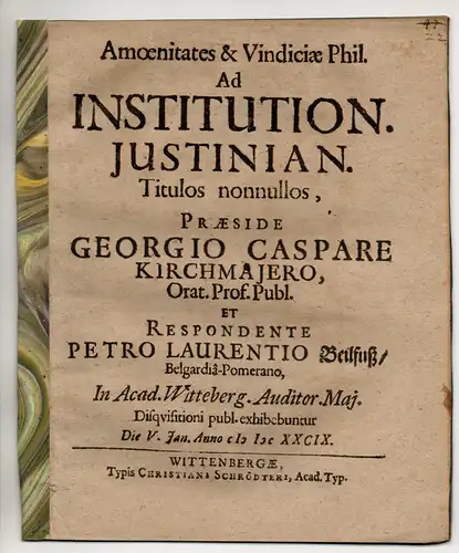 Beilfuß, Peter Lorenz: aus Belgrad: Amoenitates & vindiciae phil. ad Institution. Justinian. titulos nonnullos. 