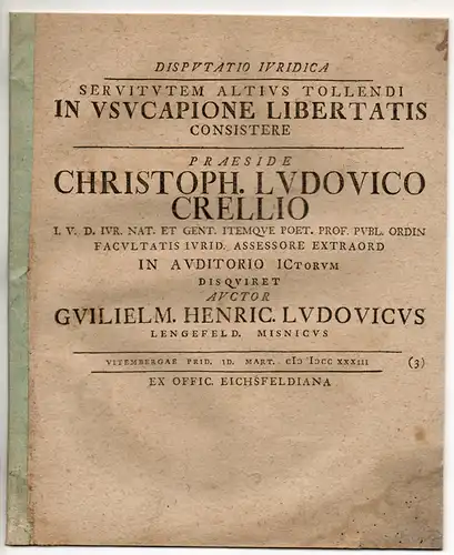 Ludwig, Wilhelm Heinrich: Lengefeld: Juristische Disputation. Servitutem altius tollendi in usucapione libertatis consistere. 