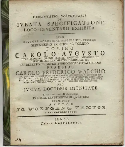 Textor, Johann Wolfgang: aus Frankfurt, Main: Juristische Inaugural-Dissertation. De iurata specificatione loco inventarii exhibita. 