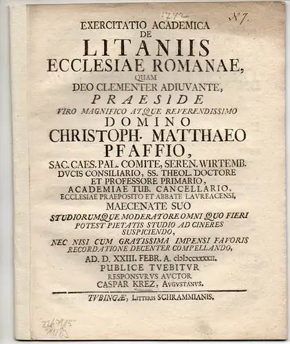 Krez (Kretz), Kaspar: Exercitatio Academica De Litaniis Ecclesiae Romanae. 
