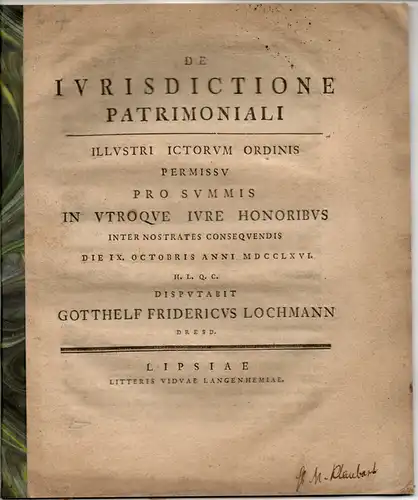 Lochmann, Gotthelf Friedrich: aus Dresden: Juristische Disputation. De iurisdictione patrimoniali. 