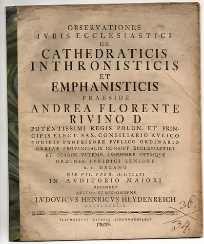 Heydenreich, Ludwig Heinrich: aus Dresden: Observationes iuris ecclesiastici de cathedraticis inthronisticis et emphanisticis. 
