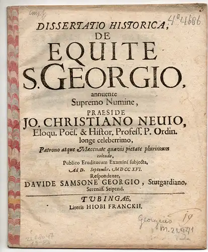 Georgius, David Samson: aus Stuttgart: Dissertatio historica, De equite S. Georgio, annuente Supremo Numine. 
