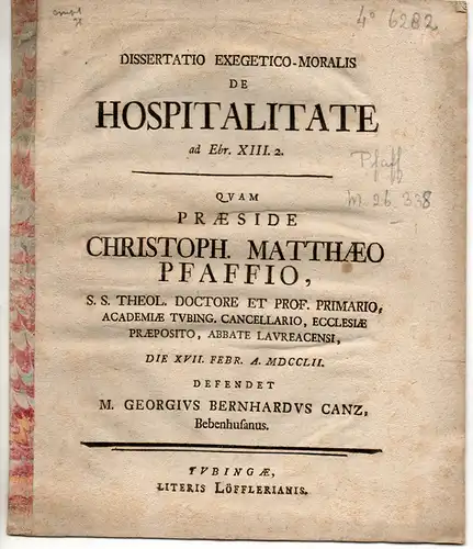 Canz, Georg Bernhard: aus Bebenhausen: Theologische Dissertation. De hospitalitate ad Ebr. XIII, 2. 