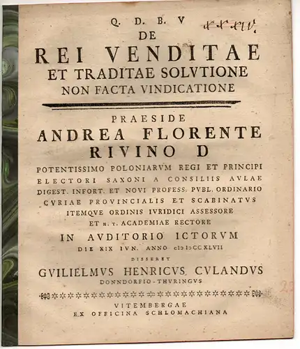 Culand, Wilhelm Heinrich: aus Donndorf: De rei venditae et traditae solutione non facta vindicatione. 